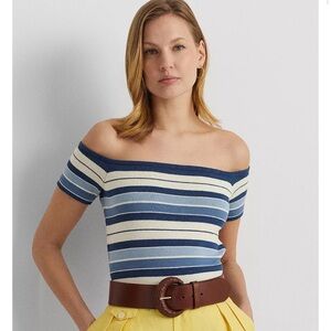 Ralph Lauren Black Label Navy and White Off The Shoulder Crop Sweater